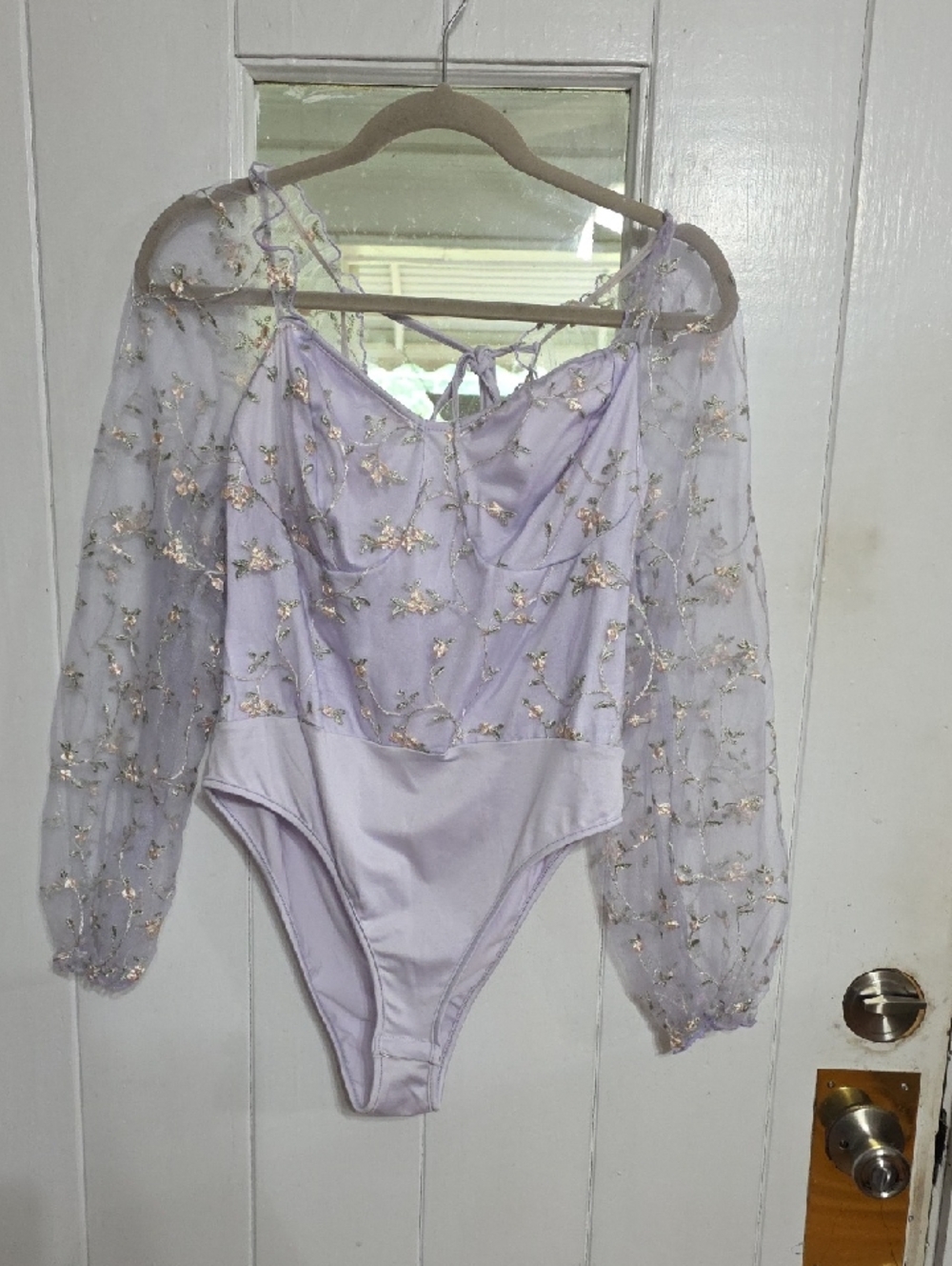 Shein Curve‎ Women's Bodysuit Lavender Sheer Floral Embroidery Sleeves Sz 1X EUC